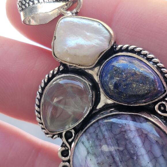 Sterling Silver Pendant Agate, Lapis Lazuli, Moonstone, & Pearl w/20-Inch Chain - Picture 6 of 10